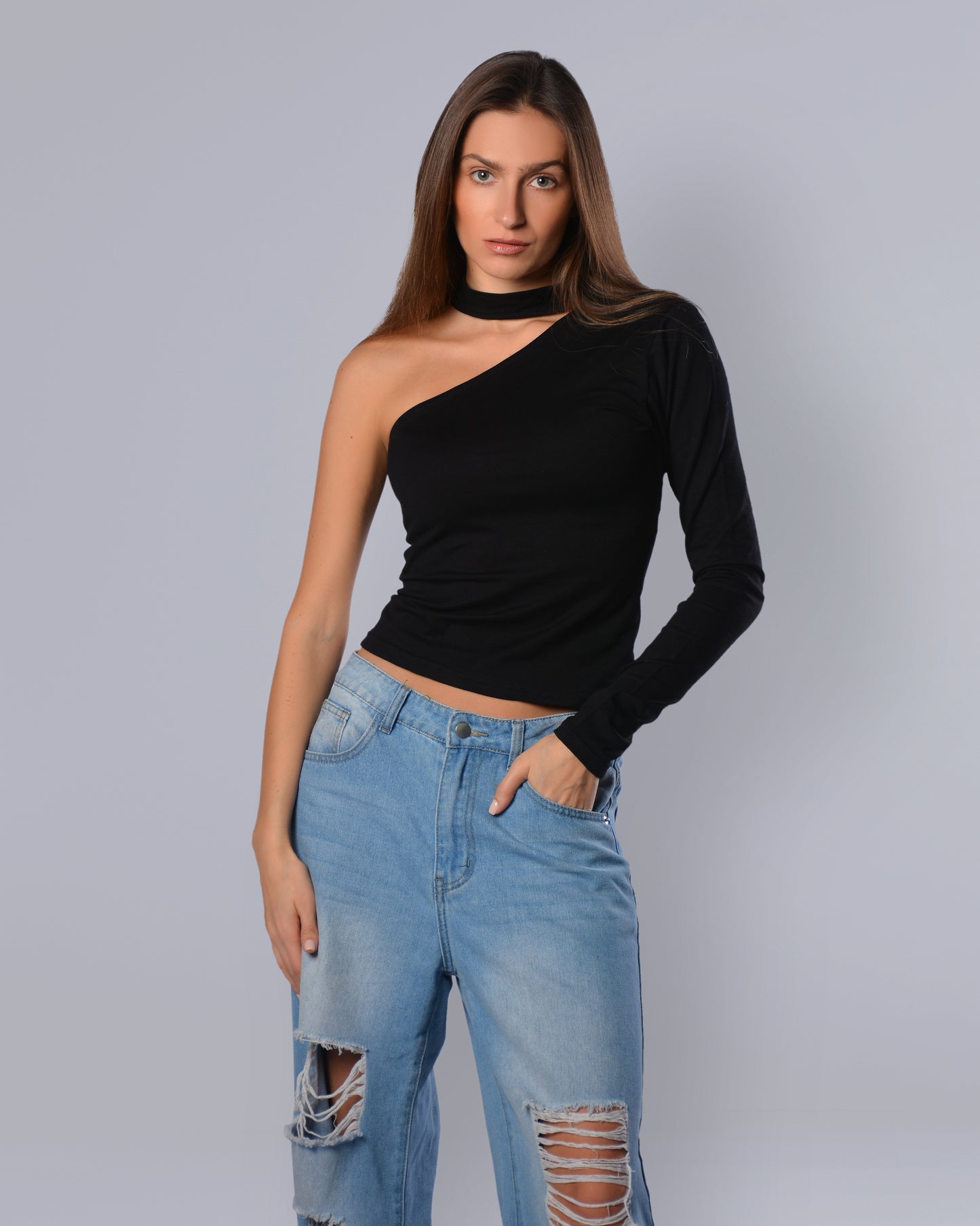 One Shoulder Choker Neck Long Sleeve Top (A33)