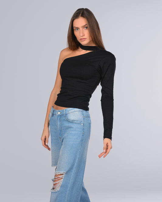 One Shoulder Choker Neck Long Sleeve Top (A33)