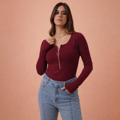 Long Sleeve Long Zipper U Shape Top