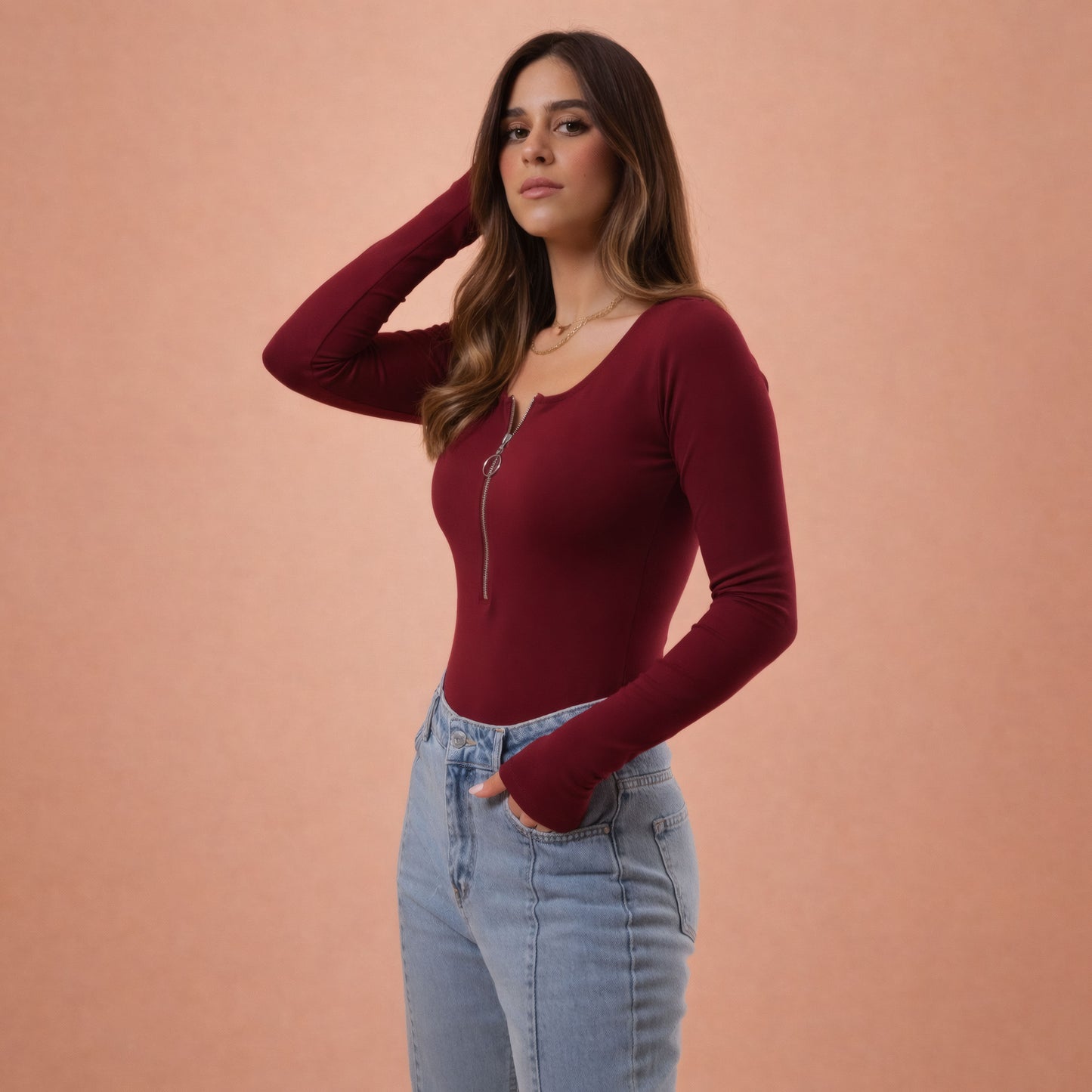 Long Sleeve Long Zipper U Shape Top