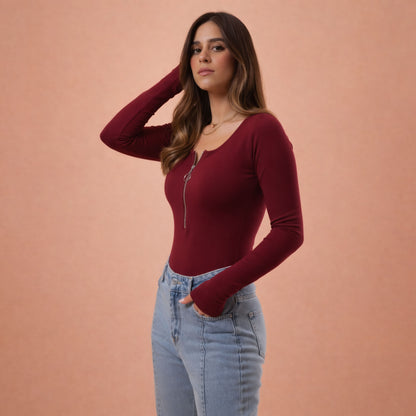 Long Sleeve Long Zipper U Shape Top
