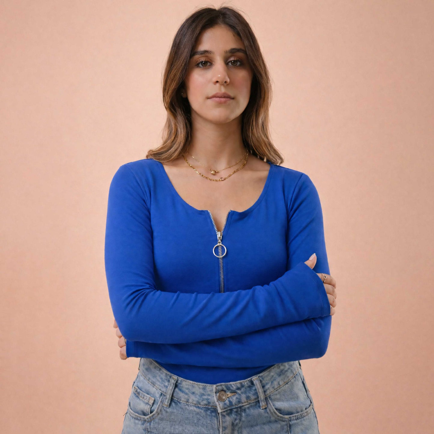 Long Sleeve Long Zipper U Shape Top