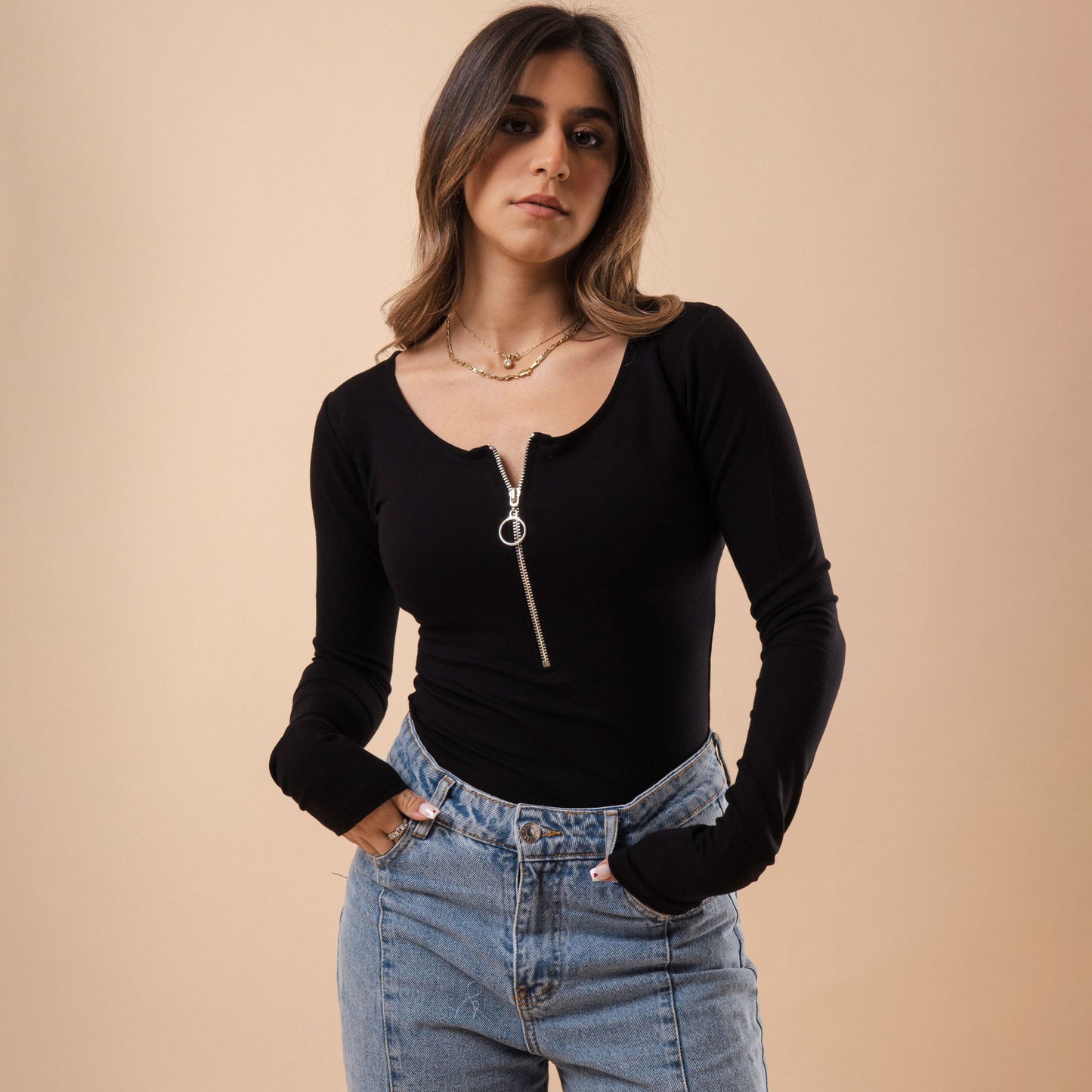 Long Sleeve Long Zipper U Shape Top