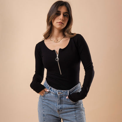 Long Sleeve Long Zipper U Shape Top