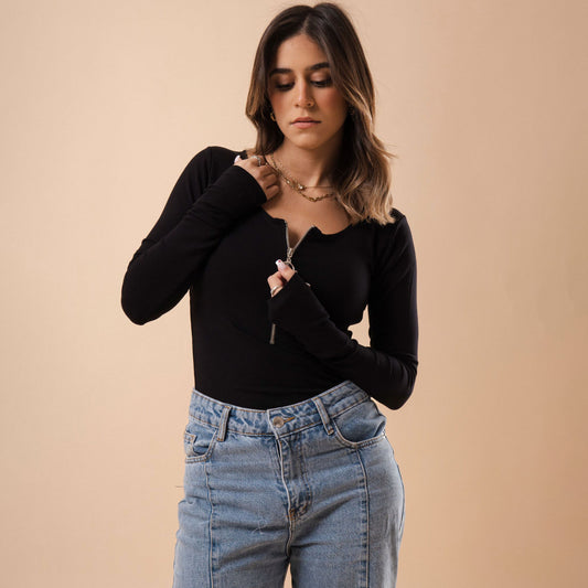 Long Sleeve Long Zipper U Shape Top