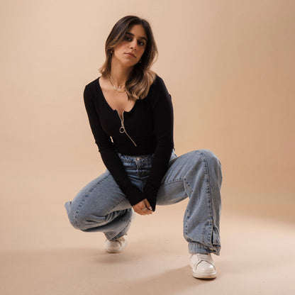 Long Sleeve Long Zipper U Shape Top