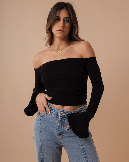 Off Shoulder Long Fan Sleeves Crop Top (A5)