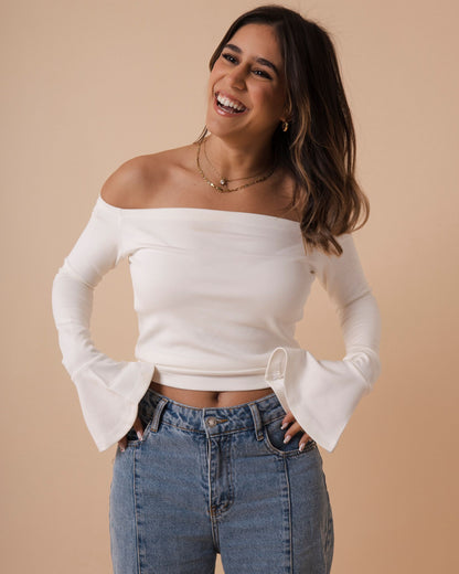 Off Shoulder Long Fan Sleeves Crop Top (A5)