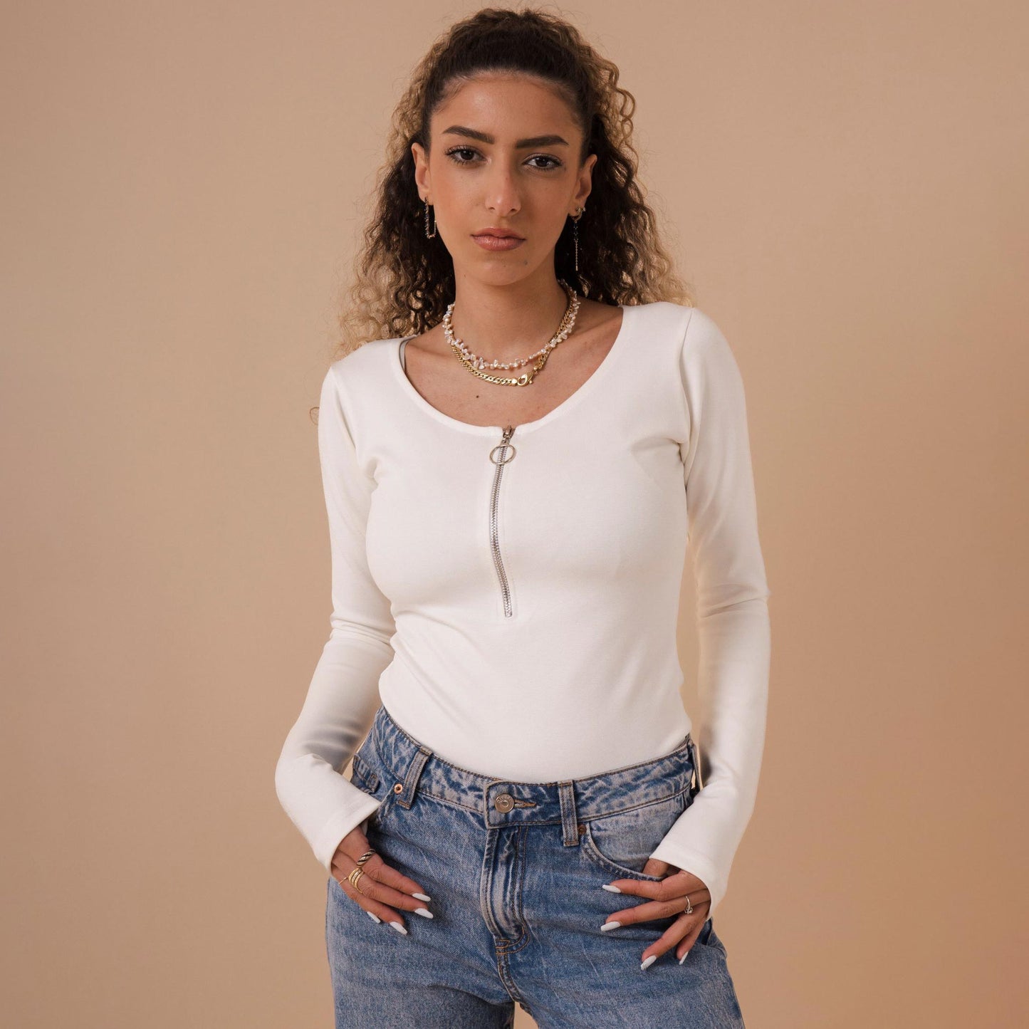 Long Sleeve Long Zipper U Shape Top