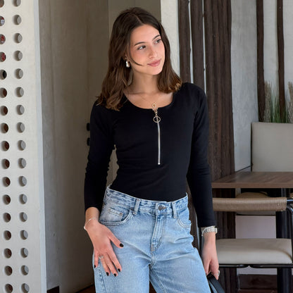 بلوزة على شكل حرف U بأكمام طويلة وسحاب طويل (A6)