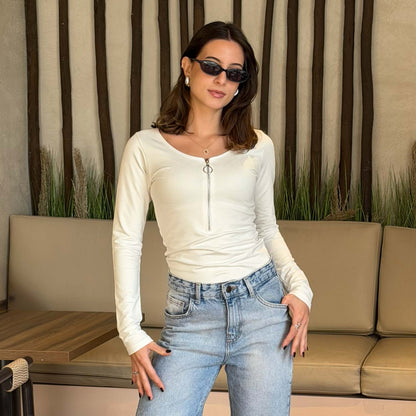 بلوزة على شكل حرف U بأكمام طويلة وسحاب طويل (A6)