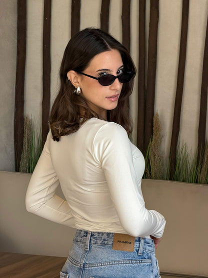 بلوزة على شكل حرف U بأكمام طويلة وسحاب طويل (A6)